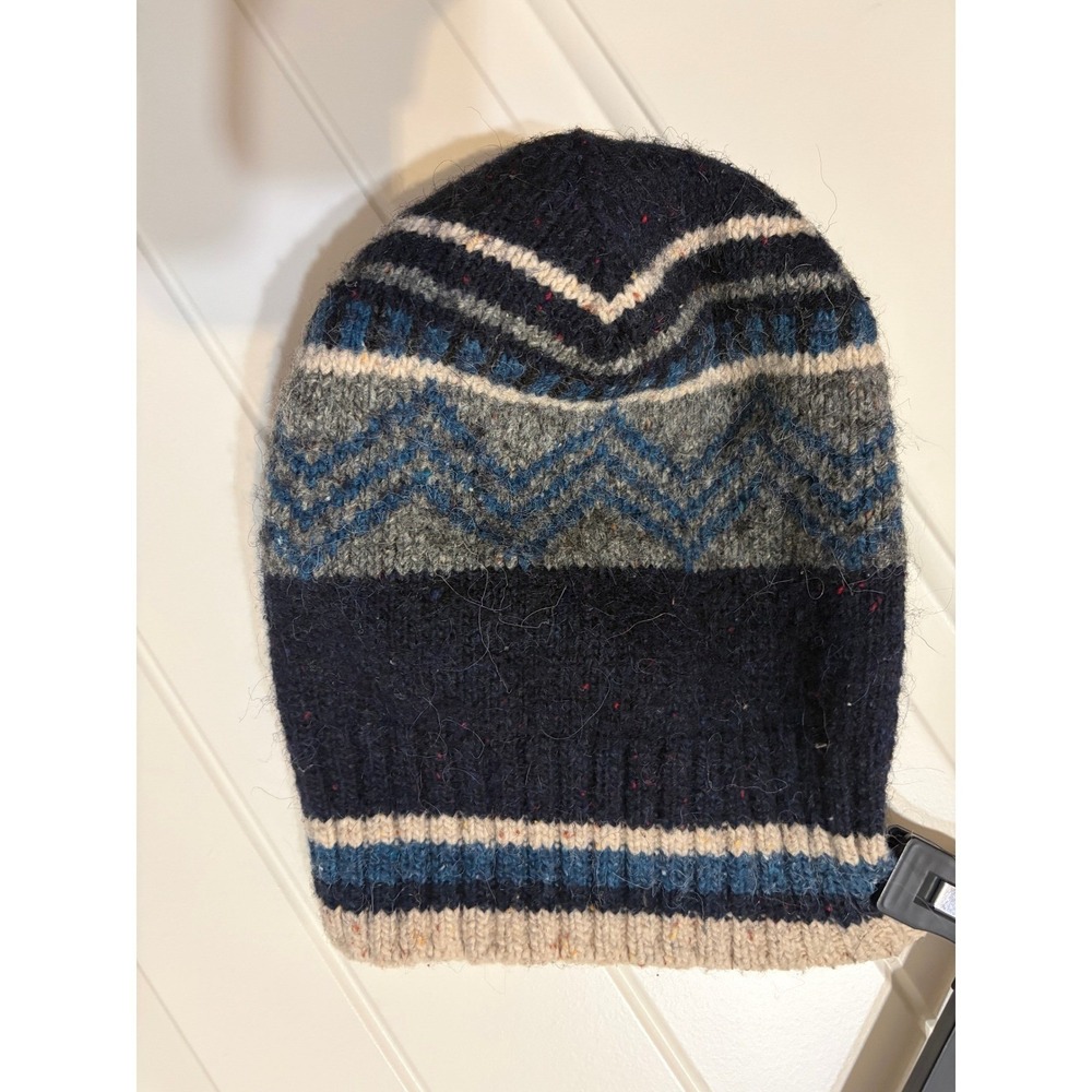 Hand Knit Wool Fair Isle Beanie Navy Blue Grey Chevron Winter Hat Adult